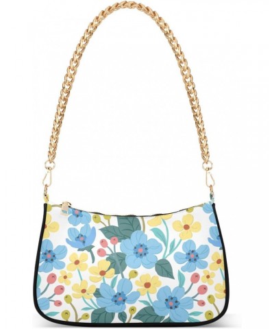 Women Chain Shoulder Purse Bag With Zipper Blue and Yellow Flowers Pattern Print, Berries Spring Hobo Tote Clutch Handbags wi...