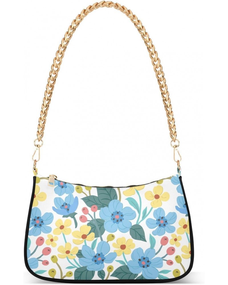 Women Chain Shoulder Purse Bag With Zipper Blue and Yellow Flowers Pattern Print, Berries Spring Hobo Tote Clutch Handbags wi...