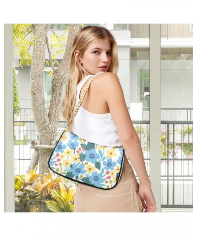 Women Chain Shoulder Purse Bag With Zipper Blue and Yellow Flowers Pattern Print, Berries Spring Hobo Tote Clutch Handbags wi...