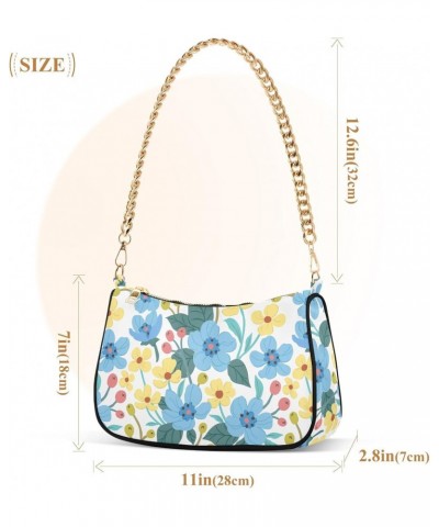 Women Chain Shoulder Purse Bag With Zipper Blue and Yellow Flowers Pattern Print, Berries Spring Hobo Tote Clutch Handbags wi...