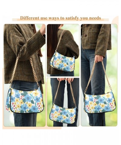 Women Chain Shoulder Purse Bag With Zipper Blue and Yellow Flowers Pattern Print, Berries Spring Hobo Tote Clutch Handbags wi...