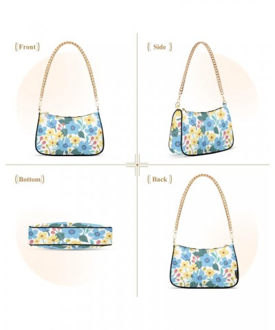 Women Chain Shoulder Purse Bag With Zipper Blue and Yellow Flowers Pattern Print, Berries Spring Hobo Tote Clutch Handbags wi...