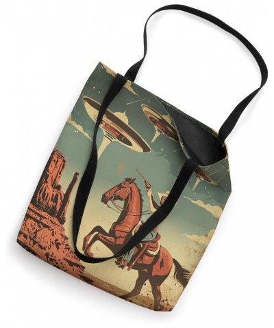 Retro Desert Cowgirl Riding Horse Shooting At Space UFO Art Tote Bag $12.25 Totes