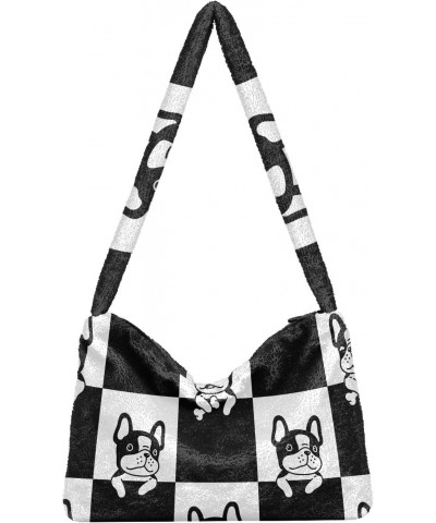 Plush Underarm Bag-Black French Bulldog, Ladies Fluffy Shoulder Bag, Women Fluffy Tote Bag for Autumn and Winter $9.81 Totes