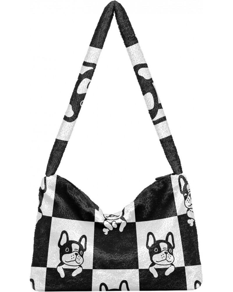 Plush Underarm Bag-Black French Bulldog, Ladies Fluffy Shoulder Bag, Women Fluffy Tote Bag for Autumn and Winter $9.81 Totes