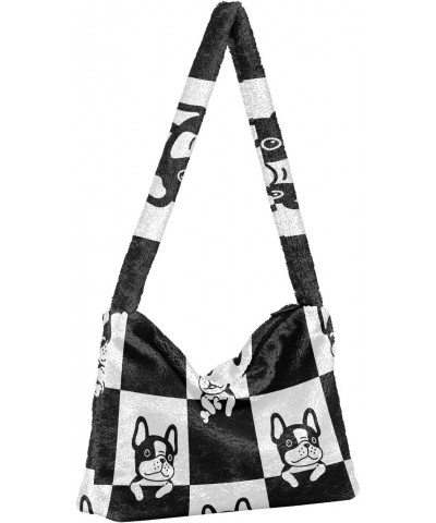 Plush Underarm Bag-Black French Bulldog, Ladies Fluffy Shoulder Bag, Women Fluffy Tote Bag for Autumn and Winter $9.81 Totes