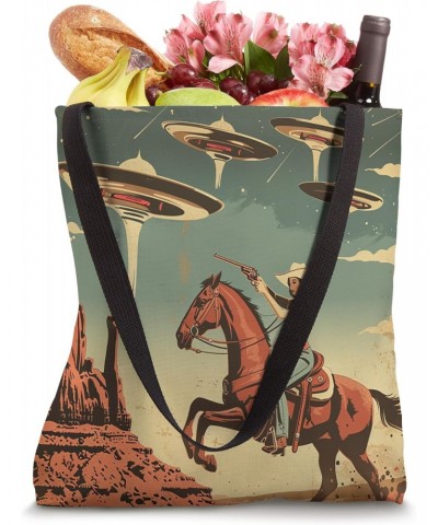 Retro Desert Cowgirl Riding Horse Shooting At Space UFO Art Tote Bag $12.25 Totes