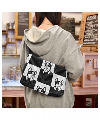 Plush Underarm Bag-Black French Bulldog, Ladies Fluffy Shoulder Bag, Women Fluffy Tote Bag for Autumn and Winter $9.81 Totes