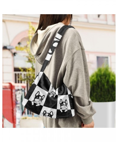 Plush Underarm Bag-Black French Bulldog, Ladies Fluffy Shoulder Bag, Women Fluffy Tote Bag for Autumn and Winter $9.81 Totes