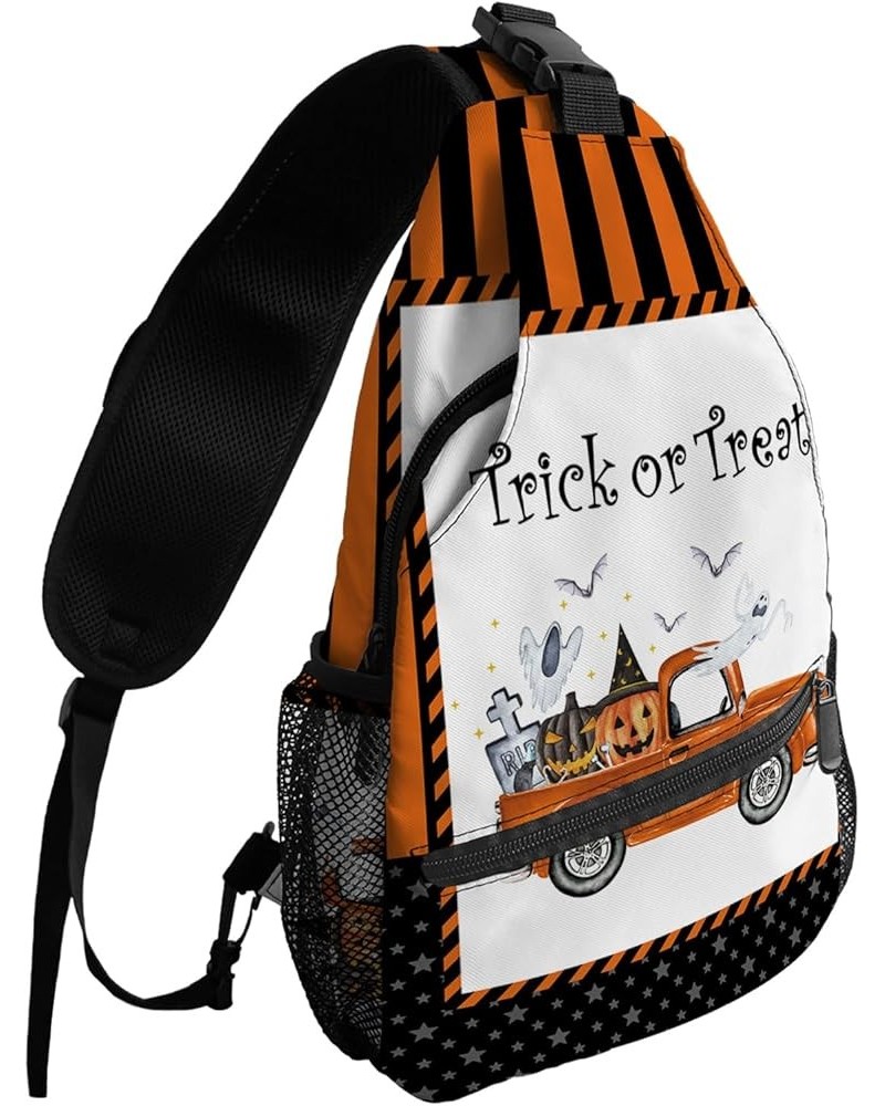 Sling Backpack, Halloween Purple Truck Pumpkin Ghost Linen Waterproof Lightweight Small Sling Bag, Travel Chest Bag Crossbody...