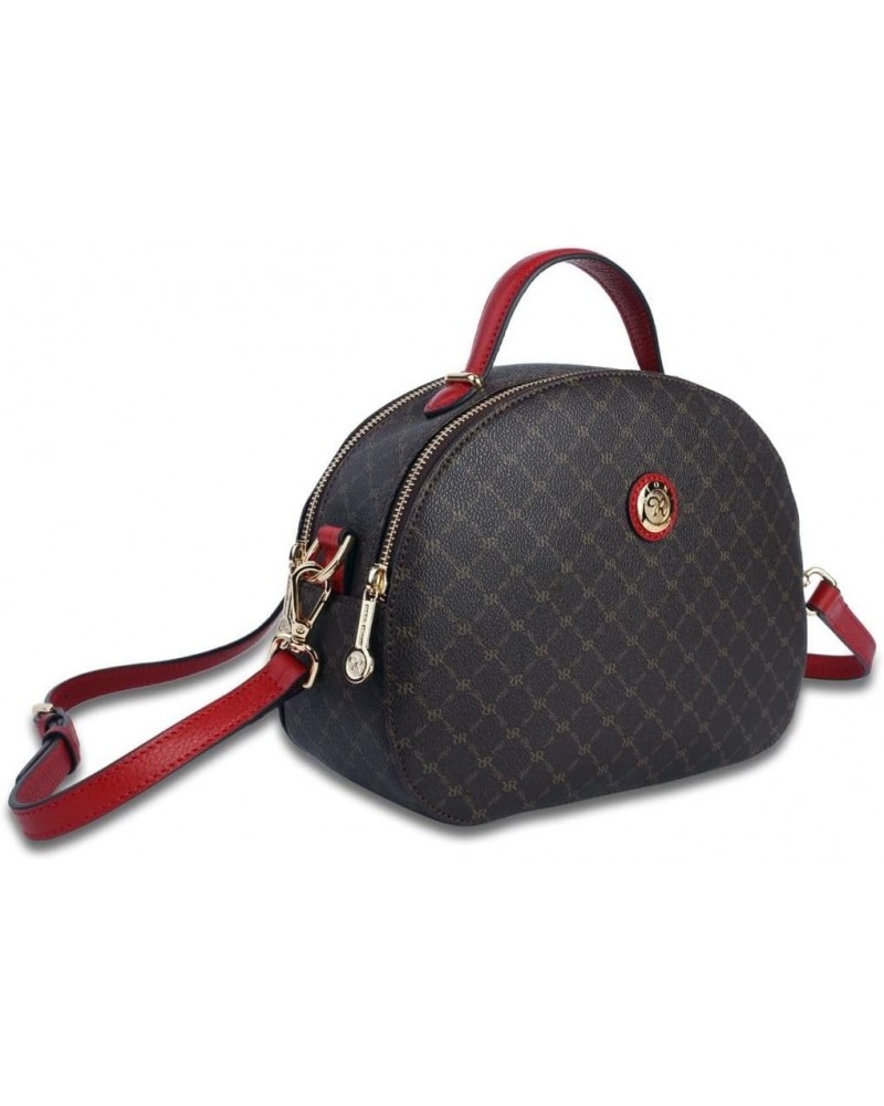 ST-20503-R Beatrice Dome Double Entry Signature Designer Brown Canvas With Red Leather Trim Small Crossbody Bag Top Handle Ha...