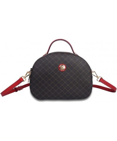 ST-20503-R Beatrice Dome Double Entry Signature Designer Brown Canvas With Red Leather Trim Small Crossbody Bag Top Handle Ha...