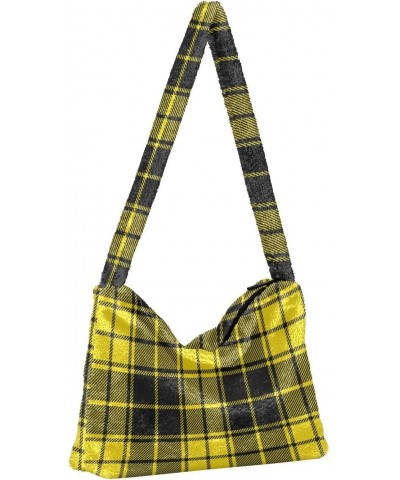 Women Boho Handbag Yellow Black Plaid Checker Underarm Bag Tote Bag Shoulder Bag Crossbody Bag Fluffy Cell Phone Purse Lady T...