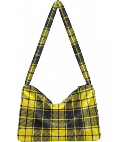 Women Boho Handbag Yellow Black Plaid Checker Underarm Bag Tote Bag Shoulder Bag Crossbody Bag Fluffy Cell Phone Purse Lady T...