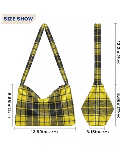 Women Boho Handbag Yellow Black Plaid Checker Underarm Bag Tote Bag Shoulder Bag Crossbody Bag Fluffy Cell Phone Purse Lady T...