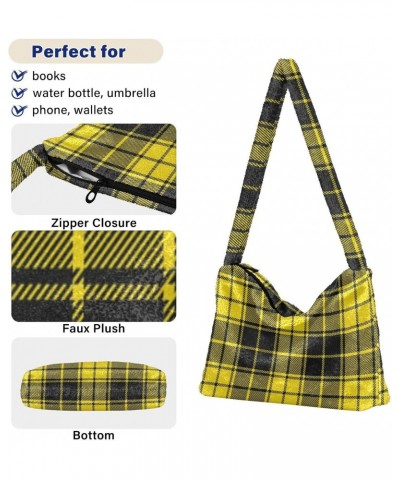 Women Boho Handbag Yellow Black Plaid Checker Underarm Bag Tote Bag Shoulder Bag Crossbody Bag Fluffy Cell Phone Purse Lady T...