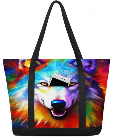 Animal Wolf Tote Bag for Women 20.4 in Large Capacity Canvas Bag, Casual Handbags Shopping Work Beach Bag Multi $20.05 Totes