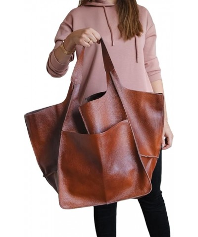 Soft Leather Tote Bag for Women Extra Large Boho Bucket Handbag Oversized Purse Shoulder Bag for Working Traveling Light Brow...