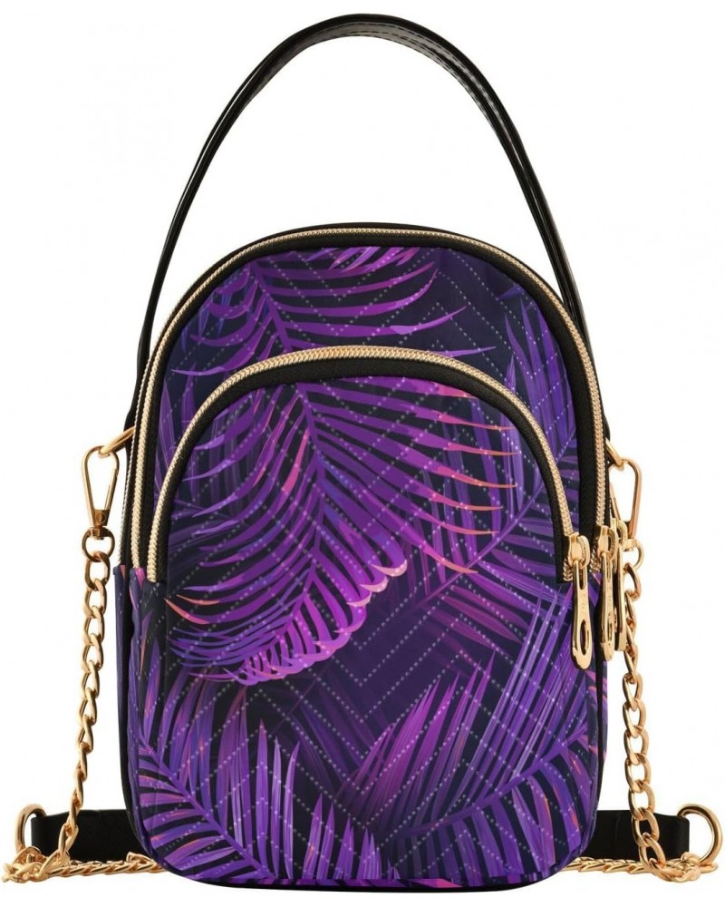 Tropical Neon Purple Palm Leaves Small Crossbody Bag Quilted Handbags for Women Chain Shoulder Bag $10.66 Shoulder Bags