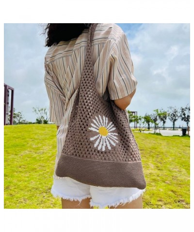 Crochet Tote Bag Aesthetic Y2K Underarm Bag Fairycore Knitting Hobo Bag Mesh Hollow Daisy Shoulder Bag Accessories Brown $14....