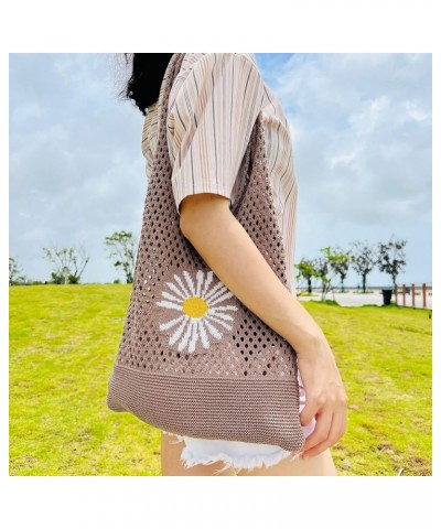 Crochet Tote Bag Aesthetic Y2K Underarm Bag Fairycore Knitting Hobo Bag Mesh Hollow Daisy Shoulder Bag Accessories Brown $14....