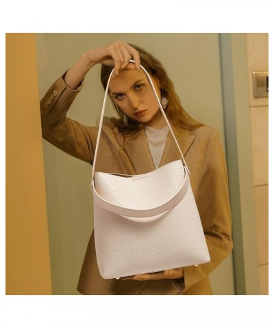 Minimalism Leather Bucket Hobo Shoulder Bag for Women Small Lady Tote Handbag Purse White-2 $25.48 Totes