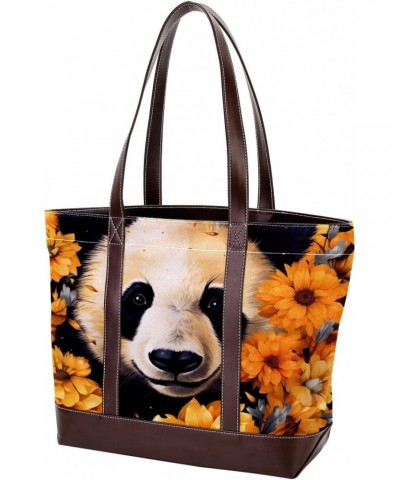 Panda Canvas Leather Mix Tote Bag 13.3x4.7x12.2 in - Hand-Held Fashionable Carryall $24.95 Totes