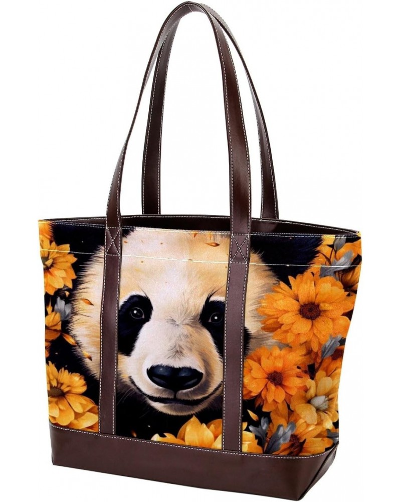 Panda Canvas Leather Mix Tote Bag 13.3x4.7x12.2 in - Hand-Held Fashionable Carryall $24.95 Totes