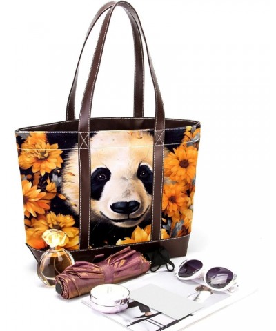 Panda Canvas Leather Mix Tote Bag 13.3x4.7x12.2 in - Hand-Held Fashionable Carryall $24.95 Totes