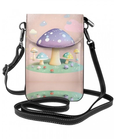 women leather Cell Phone Purse Cartoon mushroom picture Multifunction,Soft, durable,Convenient for daily use and travel, Blac...