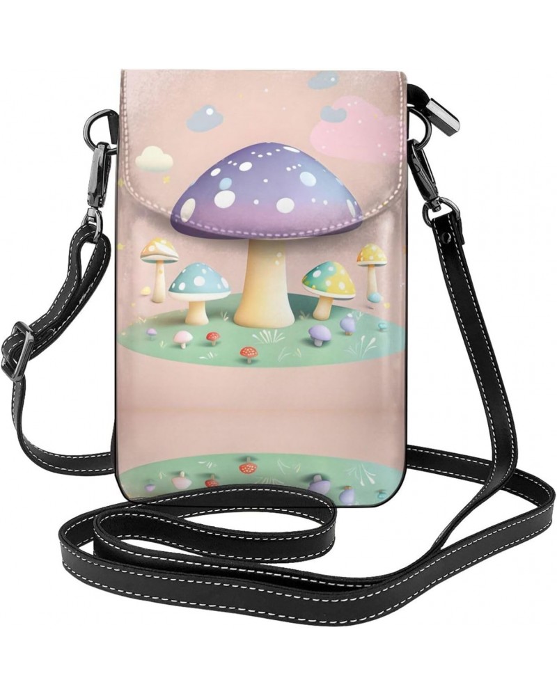 women leather Cell Phone Purse Cartoon mushroom picture Multifunction,Soft, durable,Convenient for daily use and travel, Blac...