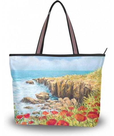 Womens Tote Bag, Red Poppy Flower Field Ladies Zip Shoulder Handbags $10.56 Shoulder Bags