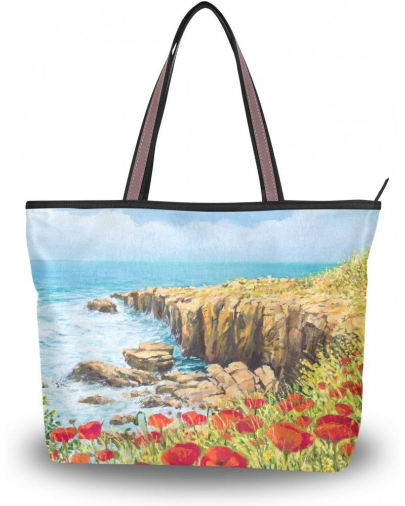 Womens Tote Bag, Red Poppy Flower Field Ladies Zip Shoulder Handbags $10.56 Shoulder Bags