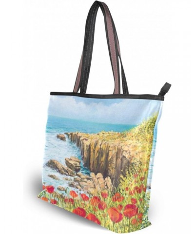 Womens Tote Bag, Red Poppy Flower Field Ladies Zip Shoulder Handbags $10.56 Shoulder Bags