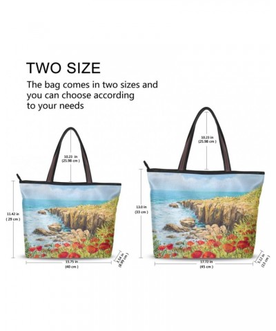 Womens Tote Bag, Red Poppy Flower Field Ladies Zip Shoulder Handbags $10.56 Shoulder Bags