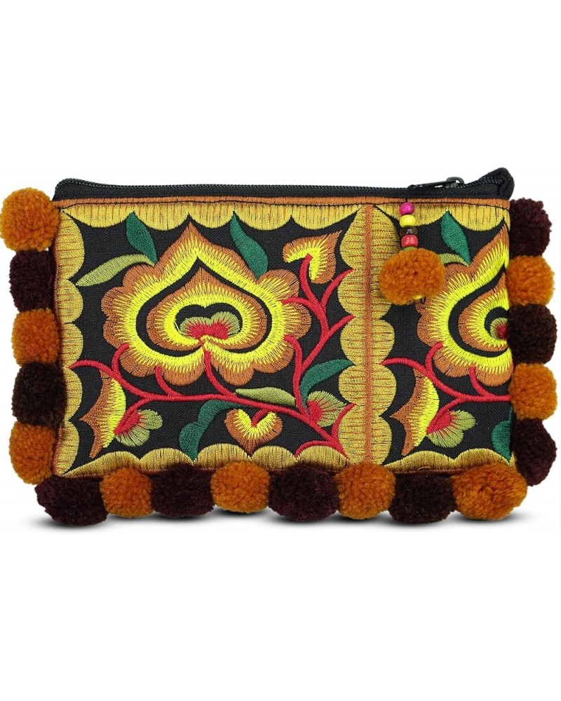 Wristlet Wallet Bag: Small Handmade Boho Cotton Purse Bag for Women With Zipper and Pompom Cinnamon $10.36 Wristlets