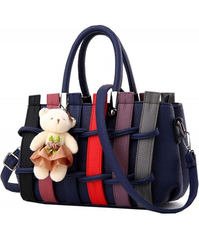 Womens Leather Handbags Purses Weaving Craft Top-handle Totes Satchel Shoulder Bag for Ladies with Bear Pendant Blue $23.51 H...