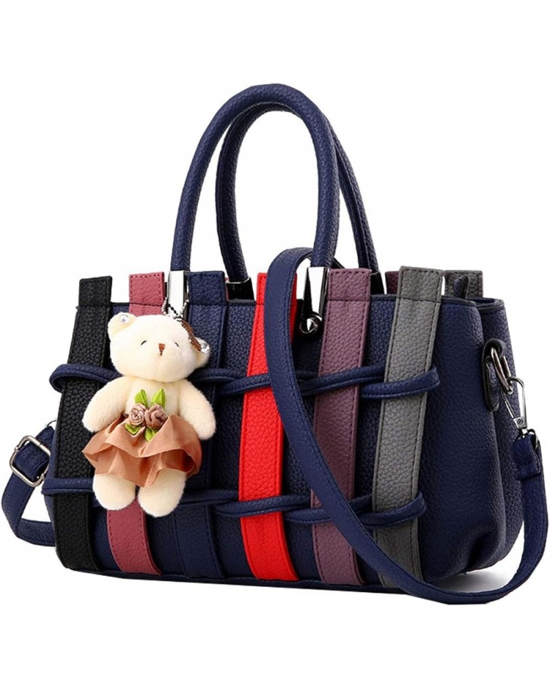 Womens Leather Handbags Purses Weaving Craft Top-handle Totes Satchel Shoulder Bag for Ladies with Bear Pendant Blue $23.51 H...