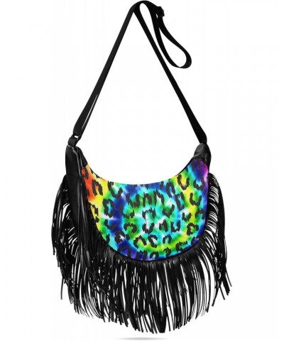 Tassel Crossbody Bag Tie Dye Rainbow Leopard Art Women Fringe Boho Handbag Hippie Purse Vintage Bohemian Shoulder Bag '70s Da...