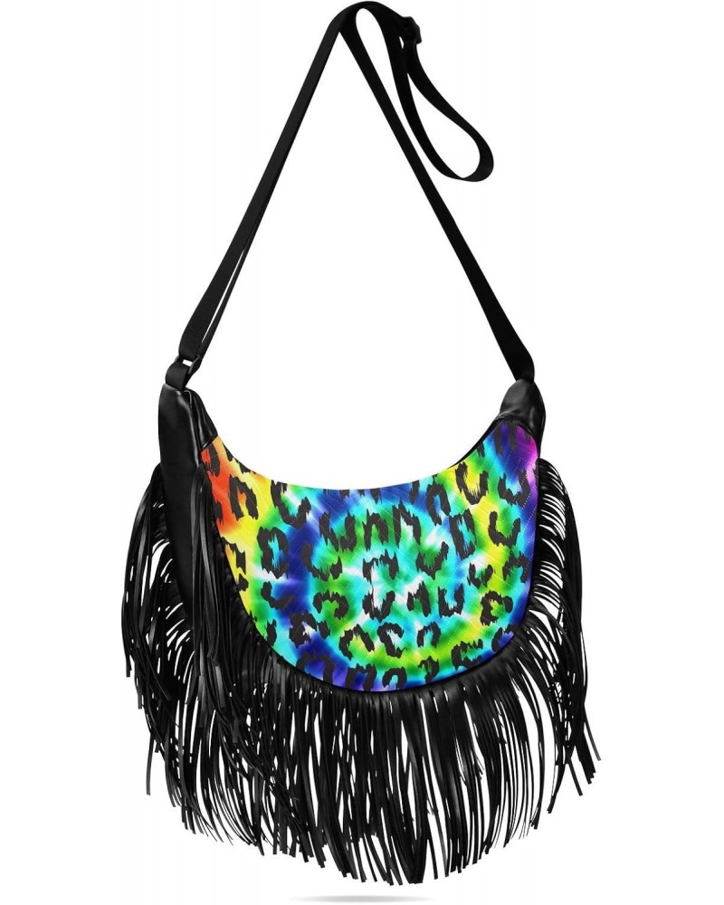 Tassel Crossbody Bag Tie Dye Rainbow Leopard Art Women Fringe Boho Handbag Hippie Purse Vintage Bohemian Shoulder Bag '70s Da...