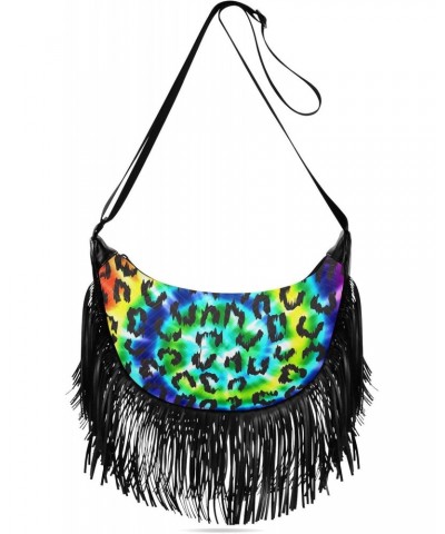 Tassel Crossbody Bag Tie Dye Rainbow Leopard Art Women Fringe Boho Handbag Hippie Purse Vintage Bohemian Shoulder Bag '70s Da...