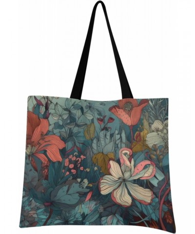 Large Canvas Tote Bag Aesthetic for Women Fantasy Vintage Flowers Print with Inner Pocket, Big Storage Shoulder Bag Grocery B...