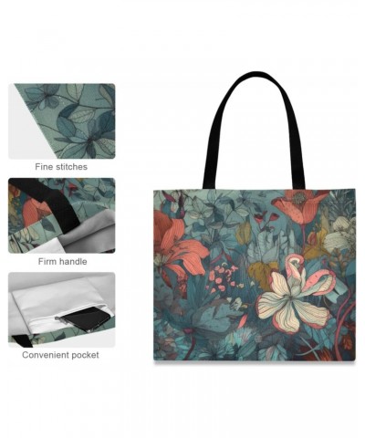 Large Canvas Tote Bag Aesthetic for Women Fantasy Vintage Flowers Print with Inner Pocket, Big Storage Shoulder Bag Grocery B...