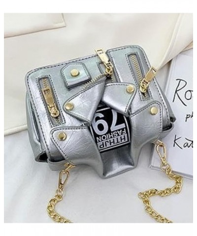 Leather Jacket Crossybody Bag For Women, Glossy Hip-hop Style Chain Shoulder Bag, Personality Messenger Bag Silver $16.11 Sho...