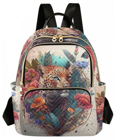 Vintage Floral Art Design Woman Backpack Purse Quilted Ladies Travel Backpack Blue Eyed Leopard and Flowers Small $17.93 Back...