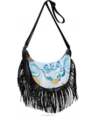 Women Fringe Tassel Cross Body Bag Astronaut Cat Rocket Mandarin Blue Leisure Shoulder Bag Color259 $14.54 Crossbody Bags