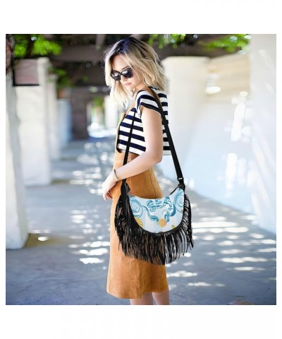 Women Fringe Tassel Cross Body Bag Astronaut Cat Rocket Mandarin Blue Leisure Shoulder Bag Color259 $14.54 Crossbody Bags