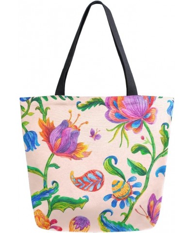 Paisley Butterfly Floral Ethnic Flower Large Canvas Tote Bag Shopping Shoulder Handbag with Small Zippered Pocket $11.00 Totes