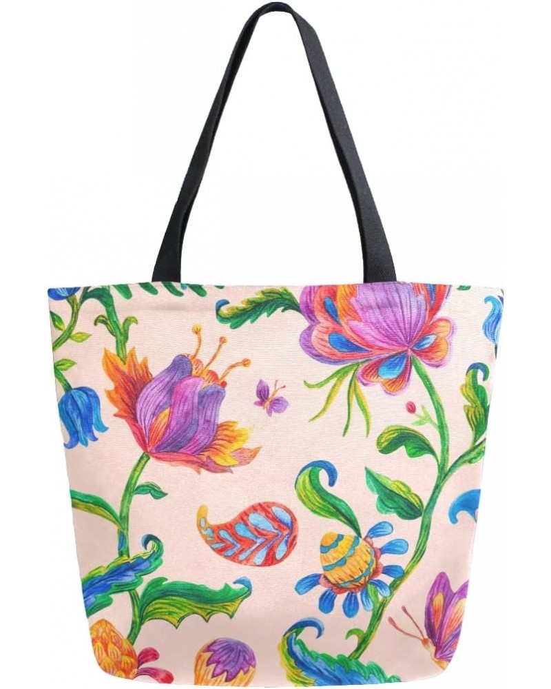 Paisley Butterfly Floral Ethnic Flower Large Canvas Tote Bag Shopping Shoulder Handbag with Small Zippered Pocket $11.00 Totes