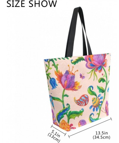 Paisley Butterfly Floral Ethnic Flower Large Canvas Tote Bag Shopping Shoulder Handbag with Small Zippered Pocket $11.00 Totes